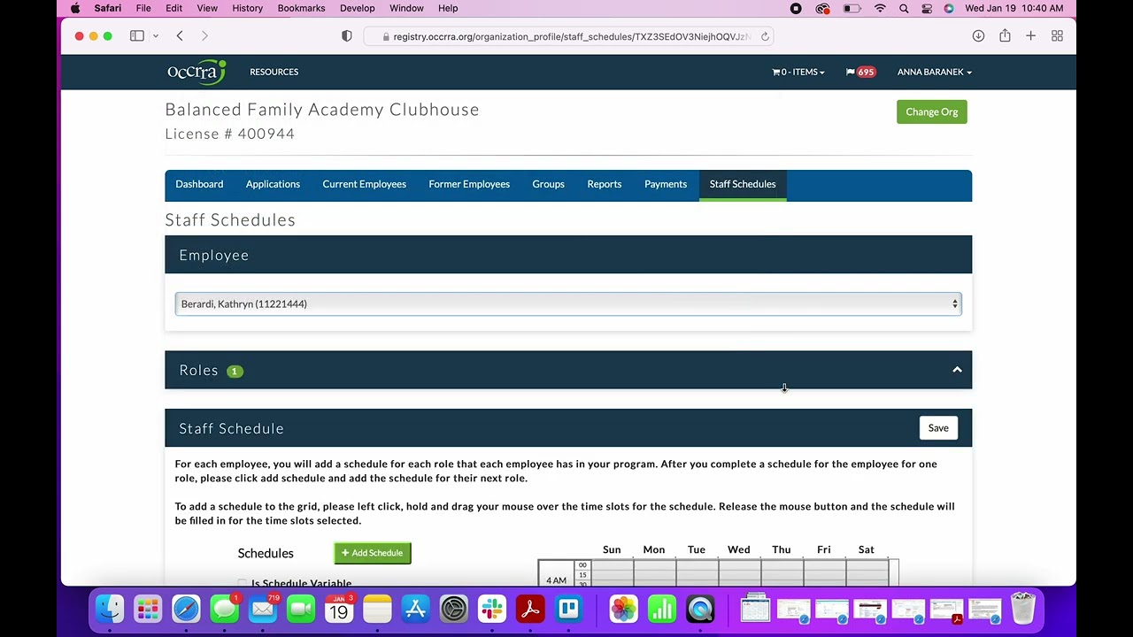 OCCRRA adding employee to dashboard and schedule