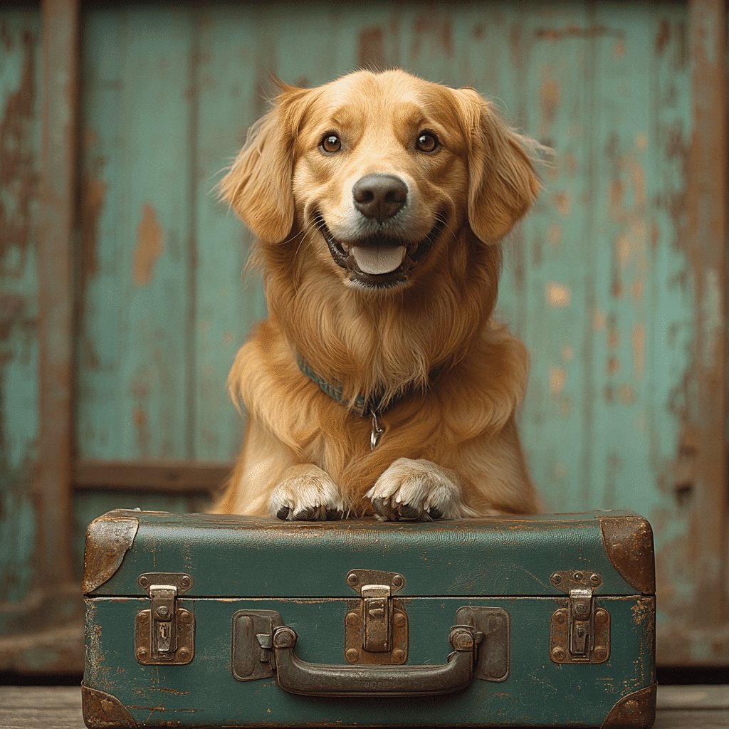 golden retriever packs suitcase